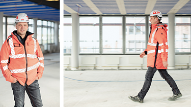 Collage eines ZÜBLIN Mitarbeiters. Auf einem Bild steht er auf einer Baustelle und lächelt in die Kamera. Das zweite Bild zeigt ihn seitlich laufend.