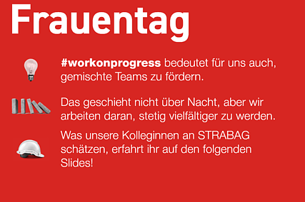 Titelbild zum internationalen Frauentag, Text vor rotem Hintergrund