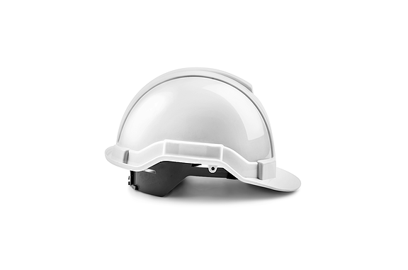A white hard hat on a white background. 