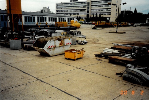 An old photograph of a BMTI building yard