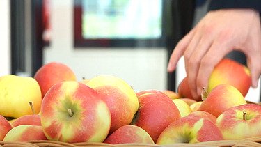 Foto von einer Hand, die nach Äpfeln in einem Korb greift