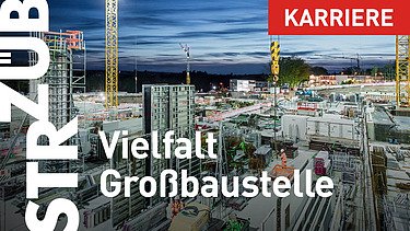 Bild einer Großbaustelle, im Vordergrund der Text 