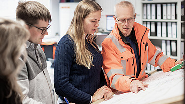 Foto von ZÜBLIN-Kolleg:innen, die gerade etwas anhand eines Bauplans besprechen